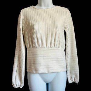 H&M Textured Stripe Top Natural White Ivory Banded Bottom Puff Sleeves Size XS